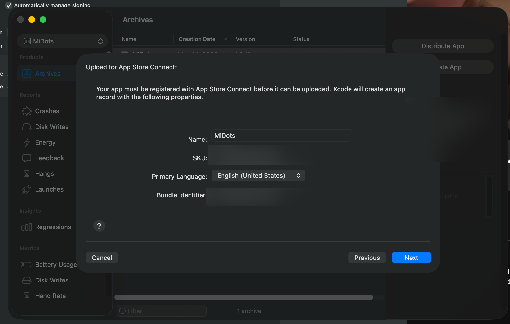 App Store Connect registration dialog