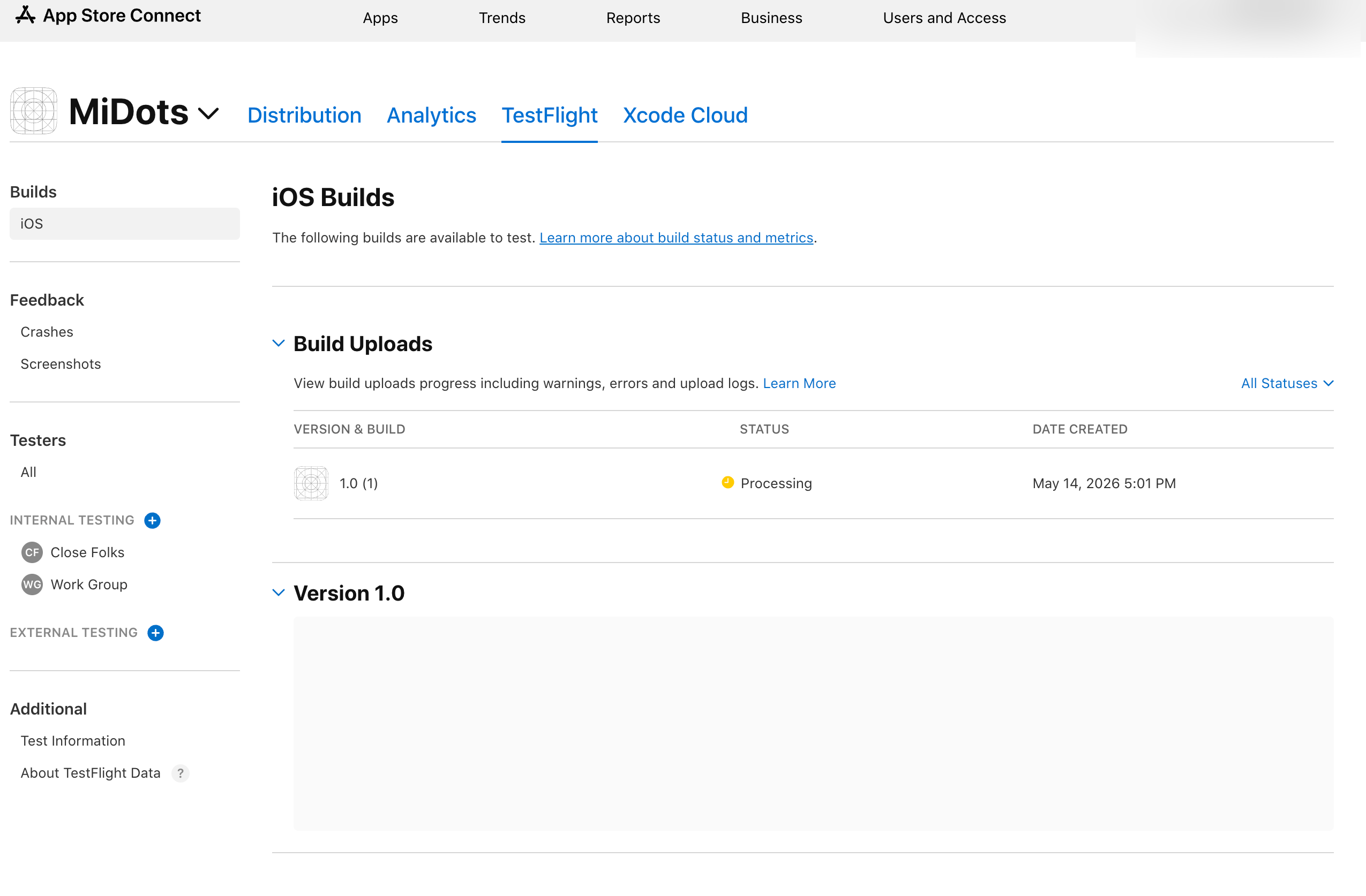 Build processing in TestFlight