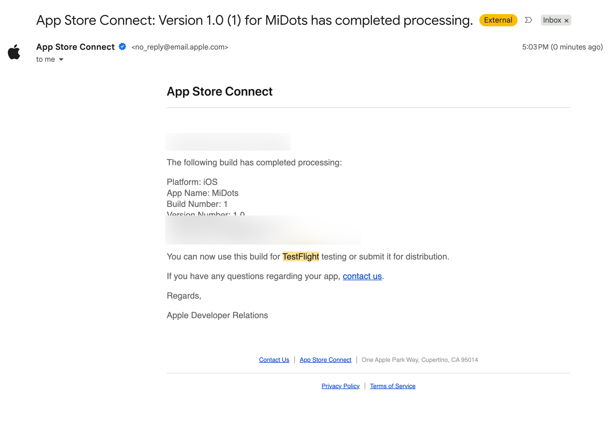 App Store Connect processing complete email