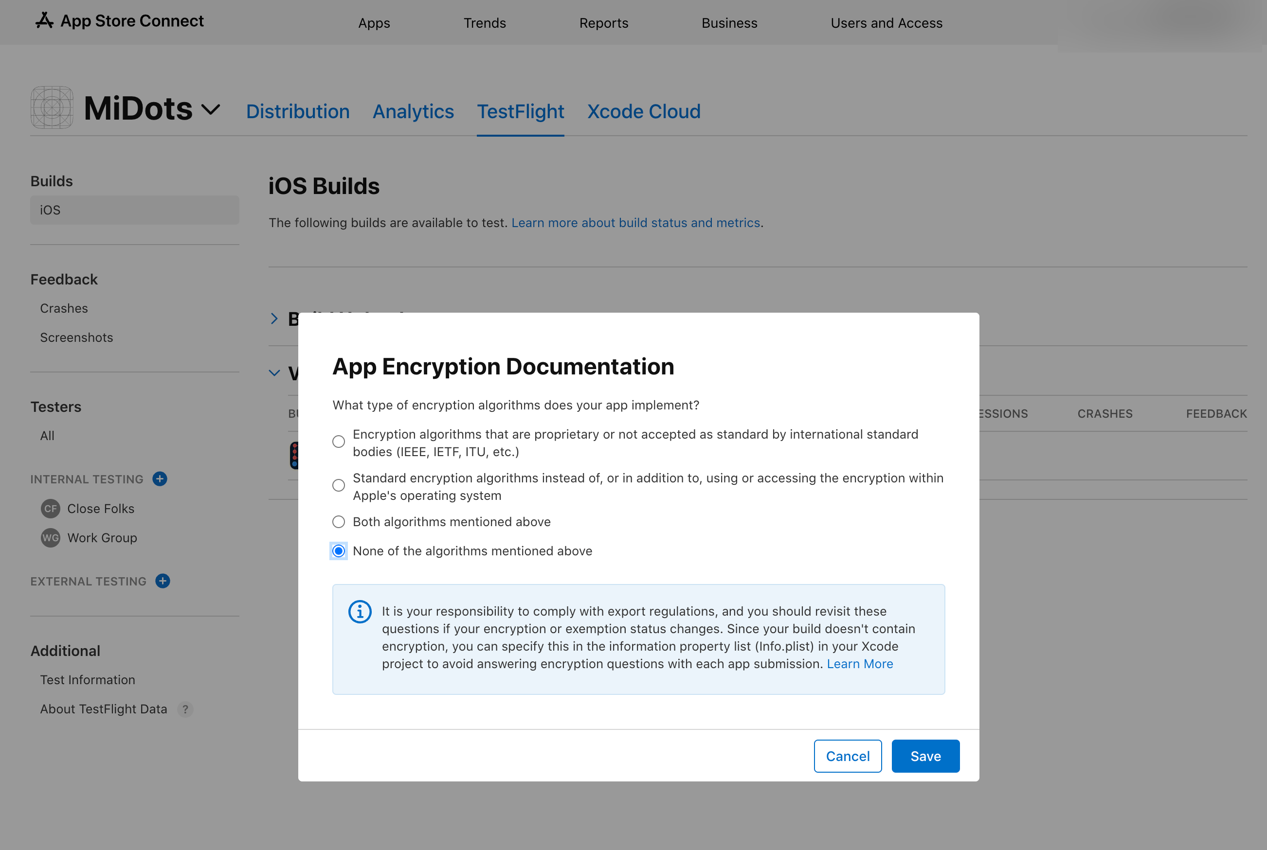 App Encryption Documentation dialog