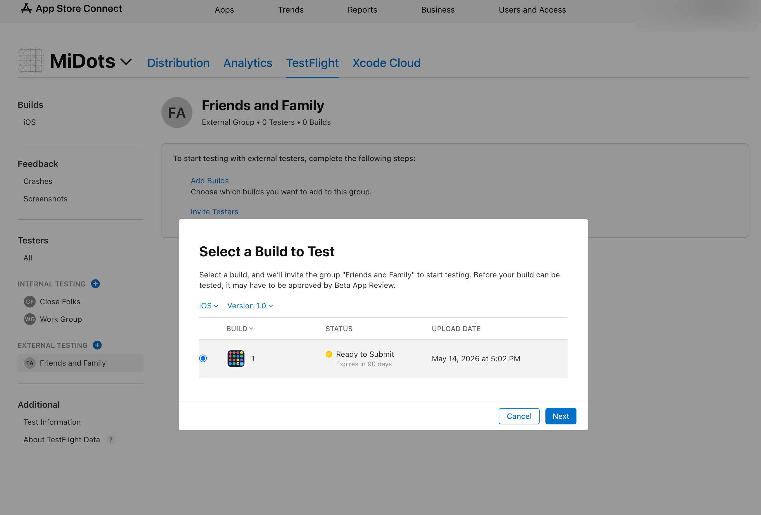 Select a Build to Test dialog