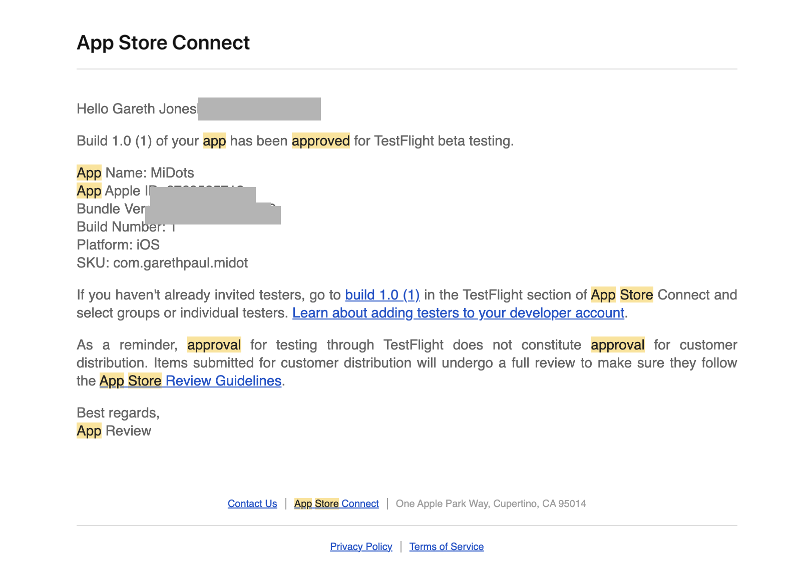 App Store Connect approval email for TestFlight beta